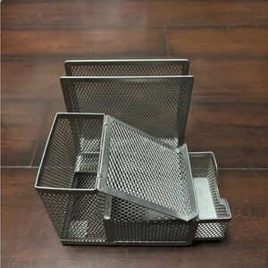Silver mesh desk organizer for sticky notes files paperclips pens